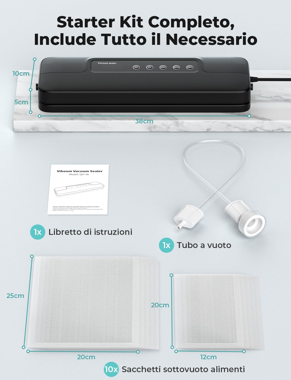 Macchina Sottovuoto Alimenti 5 in 1, Automatica Sigillatore Sottovuoto Macchina per Alimenti Secchi che Umidi, con 10 Sachetti Sottovuoto e Tubo Sottovuoto, Nero