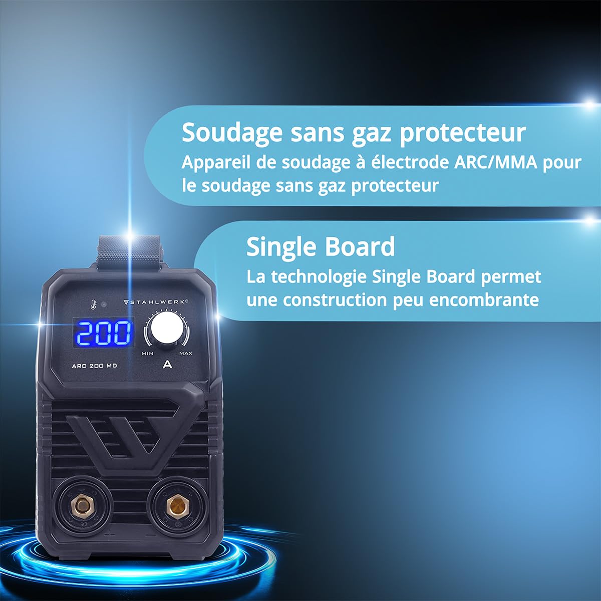 STAHLWERK Poste à souder à l'électrode ARC 200 MD – Kit complet avec chariot – MMA jusqu'à 200 A, utilisation flexible sans gaz, compact & léger, Smart Cooling, Hotstart, fonction Anti-Stick
