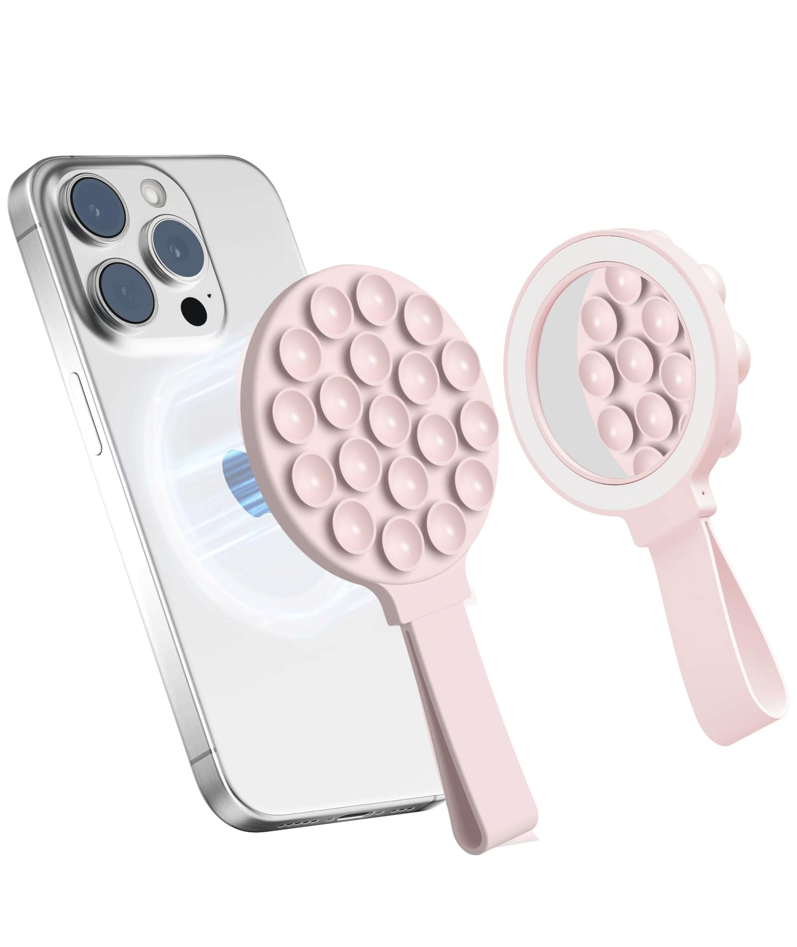 for Magsafe Silicone Suction Cup Phone Mount Built-in Mirror for iPhone Hands-Free Cell Phone Accessory Holder for Selfies & Videos (Pink and White)