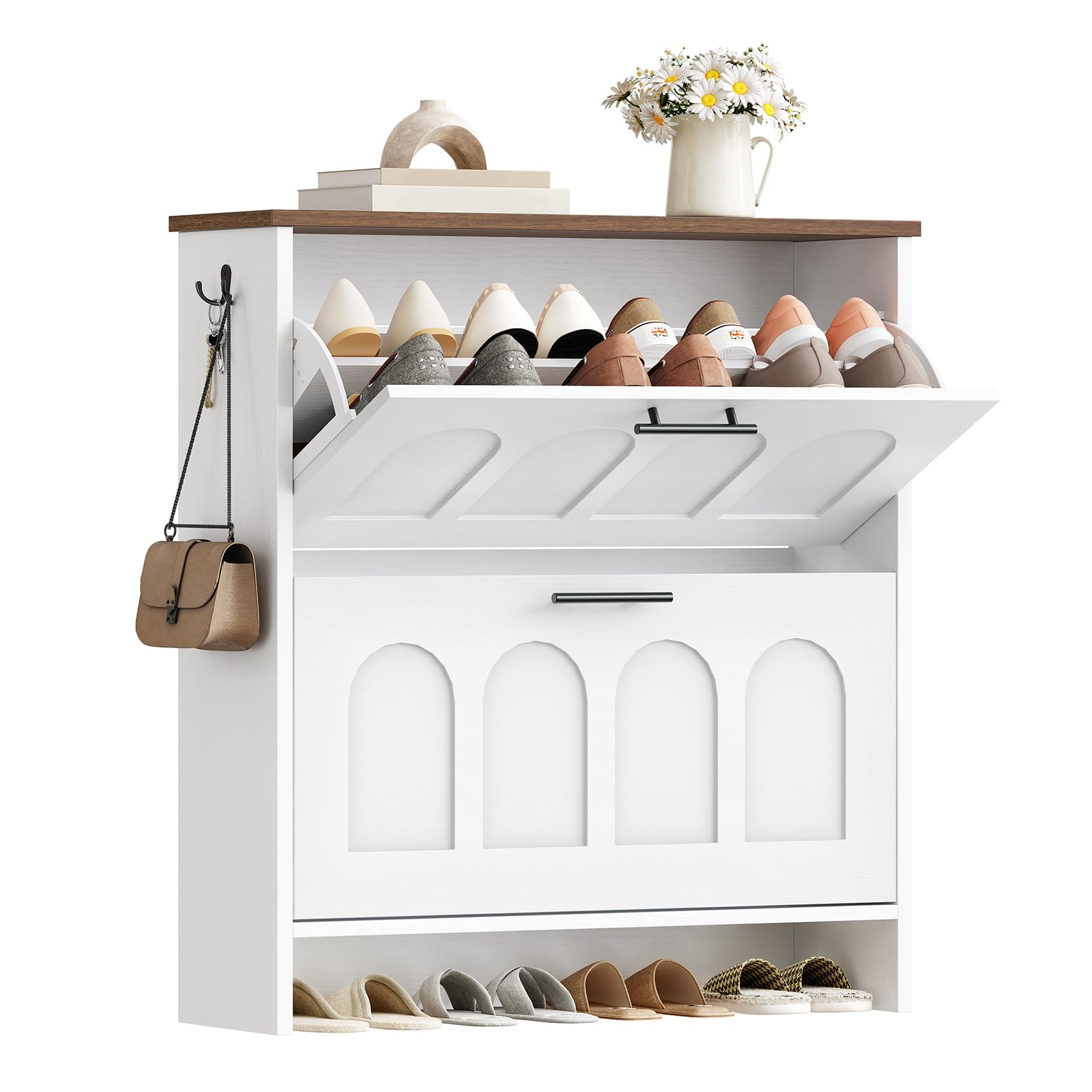HOOBRO Meuble à Chaussures à Basculement, Meuble de Rangement Étroit, Portes en Arche, Tablettes Réglables, Basculeur de Chaussures, pour Couloir, Petits Espaces, Blanc et Noyer EWH42SC01