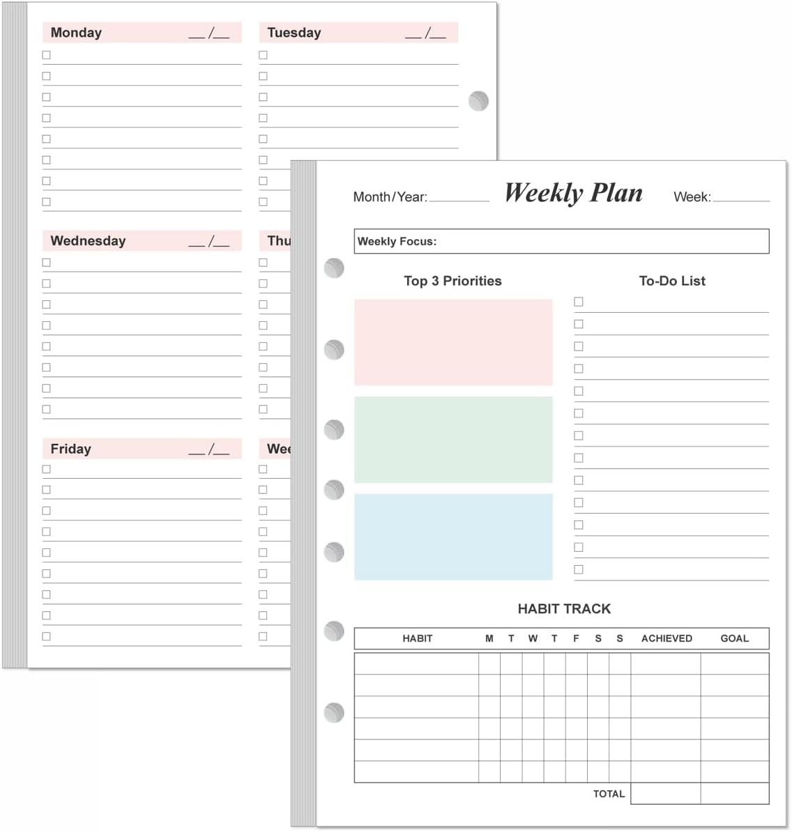 Weekly Planner Refills for 3 or 7 Ring Mini Binders - 53 Sheets/106 Pages Undated Colorful Weekly Planner, 100 gsm White Paper, Lasts 1 Year, Undated, 5.8" x 8.3"