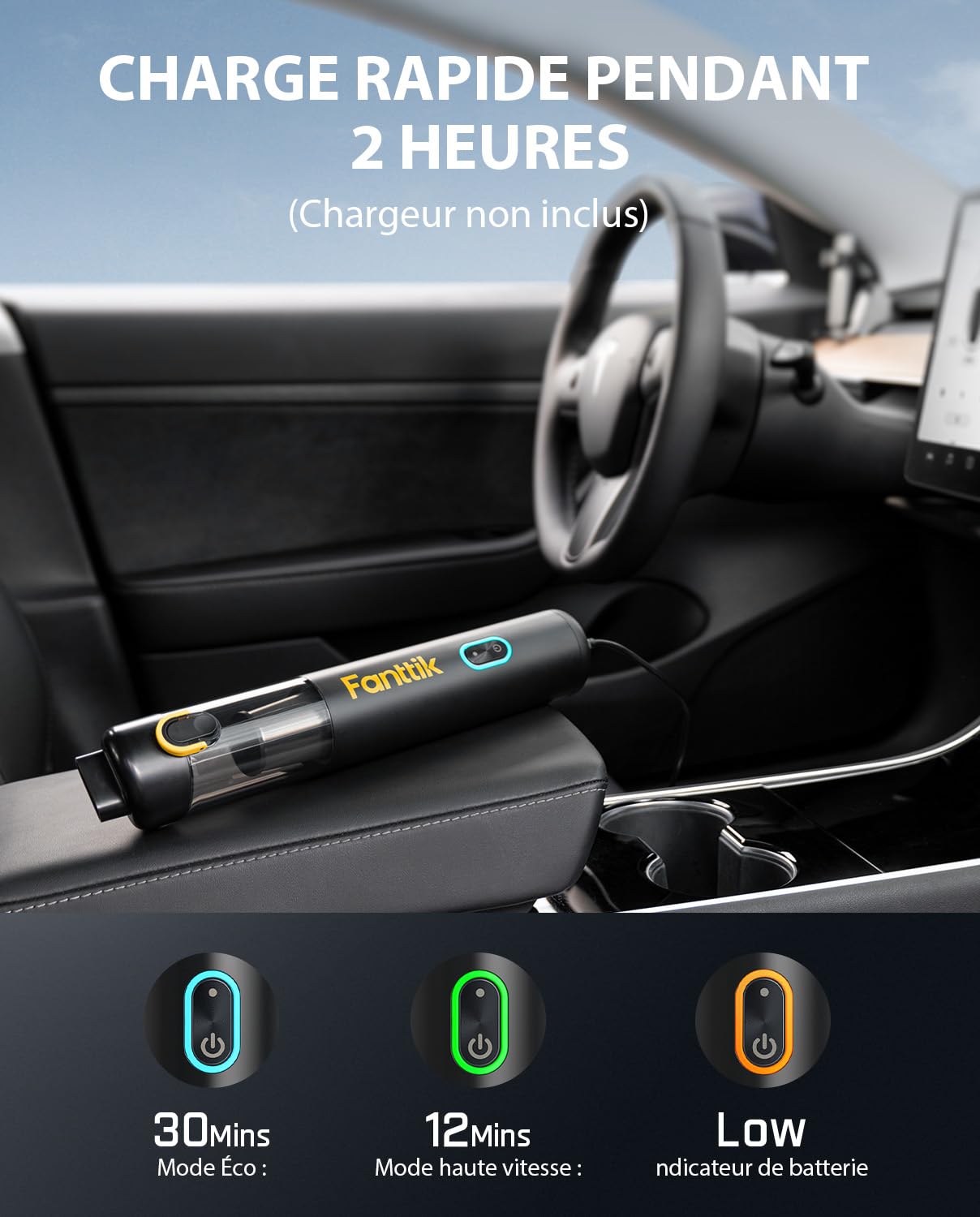 Fanttik Slim V8 Mate Aspirateur de voiture sans fil haute puissance 12 000 Pa, RobustClean Mini aspirateur avec tuyau flexible et brosse pour animaux domestiques, charge rapide en 2 heures, aspirateur