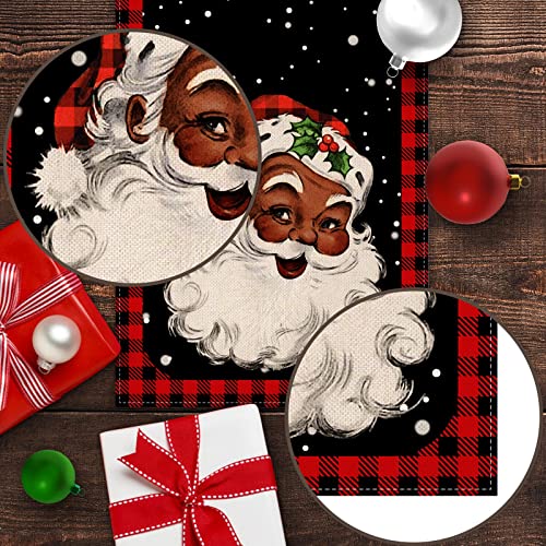 Pudodo African American Christmas Table Runner Black Santa Buffalo Plaid Check Xmas Holiday Party Kitchen Dinning Home Decor #TOP4