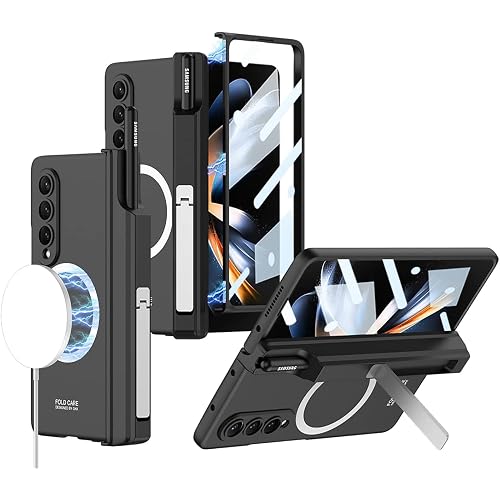 Case for Samsung Galaxy Z Fold 4 with Magnetic Hinge Protective & S Pen Holder, Built-in Screen Protector & Kickstand, Shockproof Case for Z Fold 4 (Black)