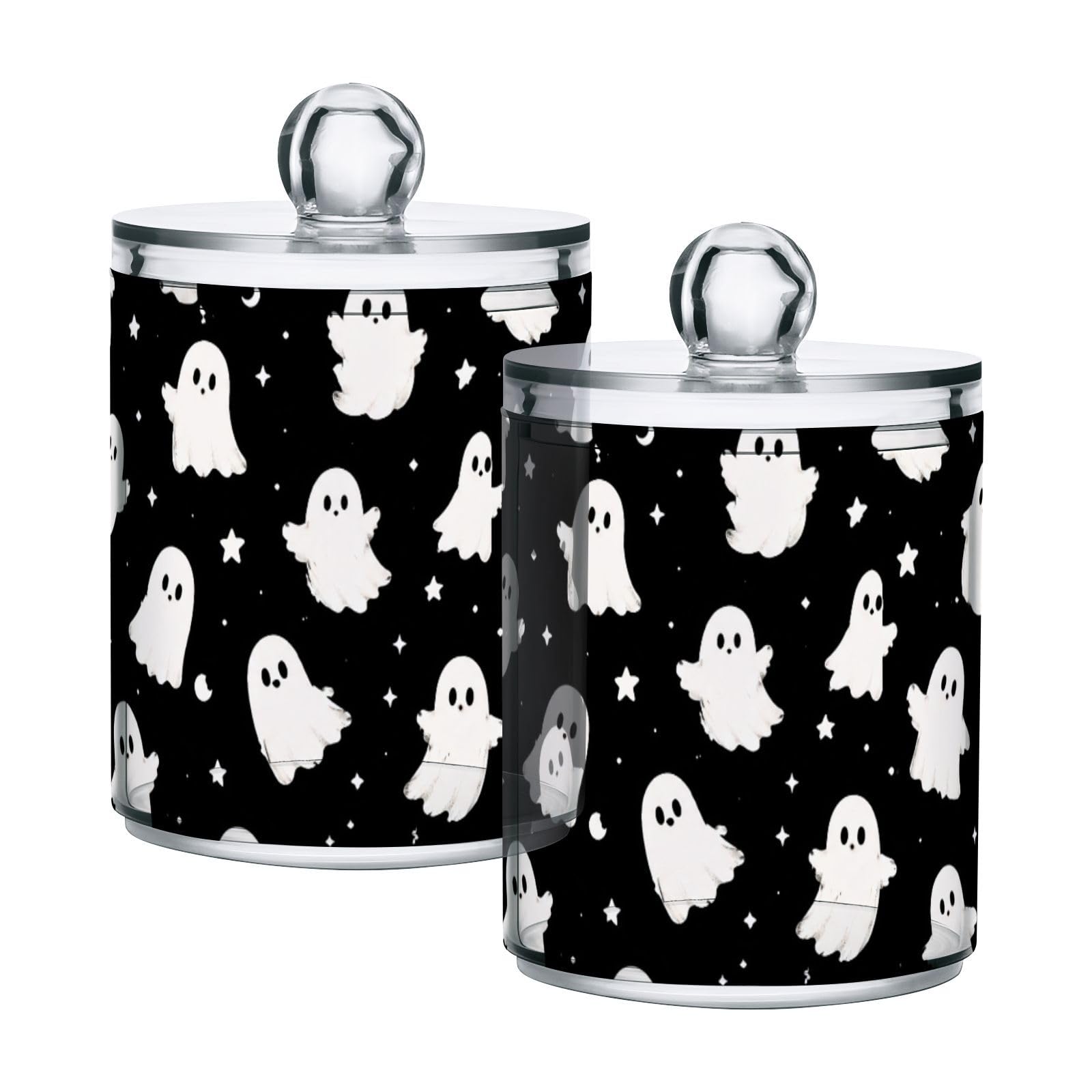 Lyeorm Star Halloween Apothecary Jars with Lid 2 Pack Qtip Holder Dispenser Bathroom Storage Organizer Clear Plastic Canister Jar for Cotton Ball, Cotton Swab