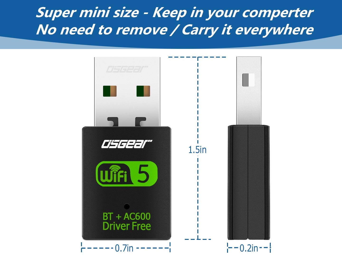 OSGEAR 600Mbps USB 2 in 1 WiFi Bluetooth Adapter Wireless Card Dual-Band 802.11a/b/g/n 2.4GHz 150Mbps 5.8 GHz 433Mbps Network Dongle Supports Win10 8 7 XP for PC Vista