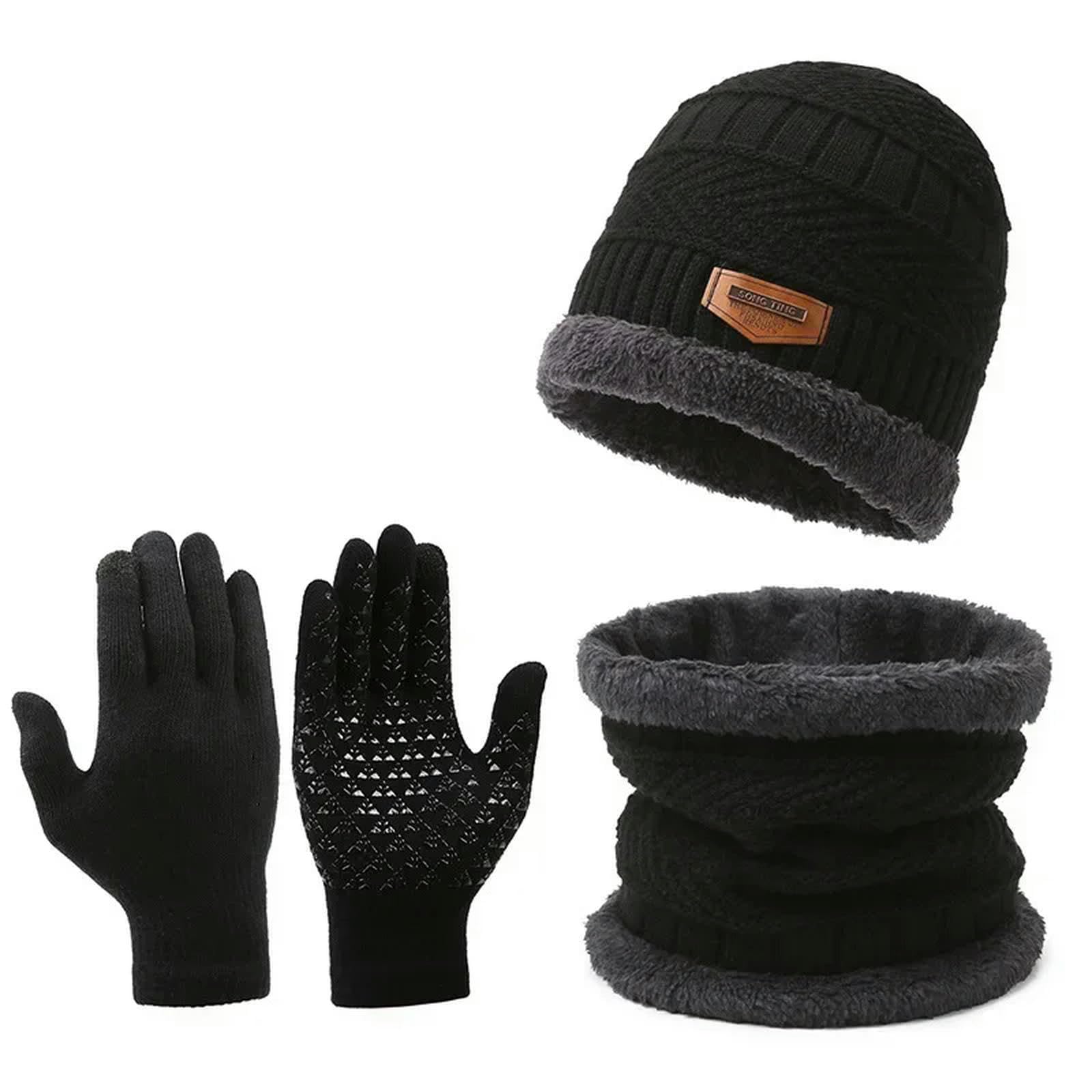 Schal Mütze Set Herren Winter Beanie Hats Schal Set Touchscreen -Handschuhe, Warmes Vliesgekleideter Hut, Außenmut Hut