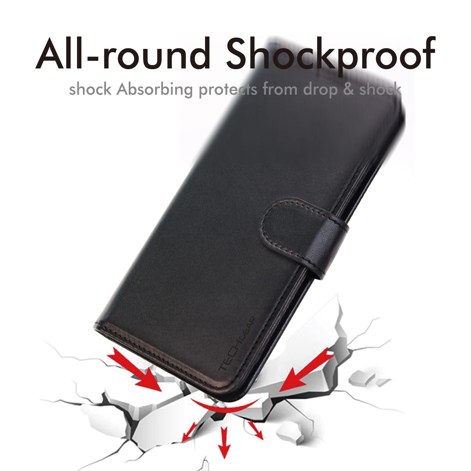 TECHGEAR Moto G04 / Moto E14 / Moto G24 / Moto G04s skórzane etui portfelowe na telefon, etui ochronne z klapką z [blokowanie RFID] uchwyt na karty, stojak i pasek na nadgarstek, czarna skóra PU z