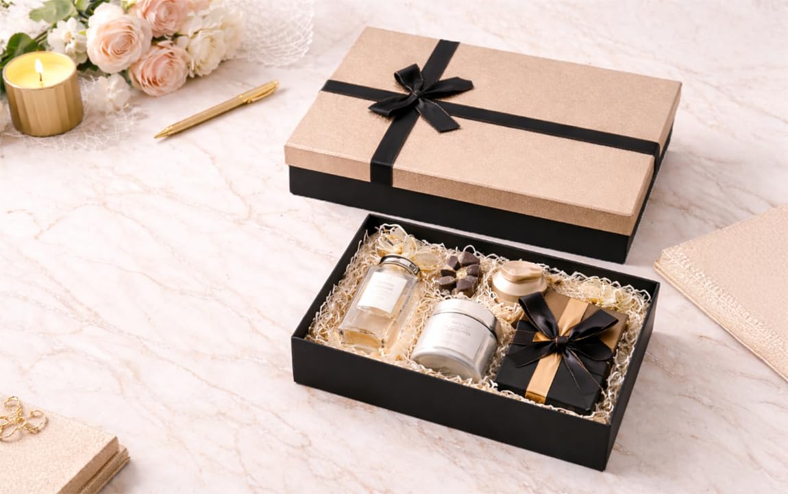 Emartbuy Lot de 2 boîtes cadeaux rigides de luxe - Base noire avec couvercle à paillettes dorées - Paniers rectangulaires pour cadeaux, mariages et cadeaux d'entreprise - Taille L : 42 x 30 x 8,5 cm