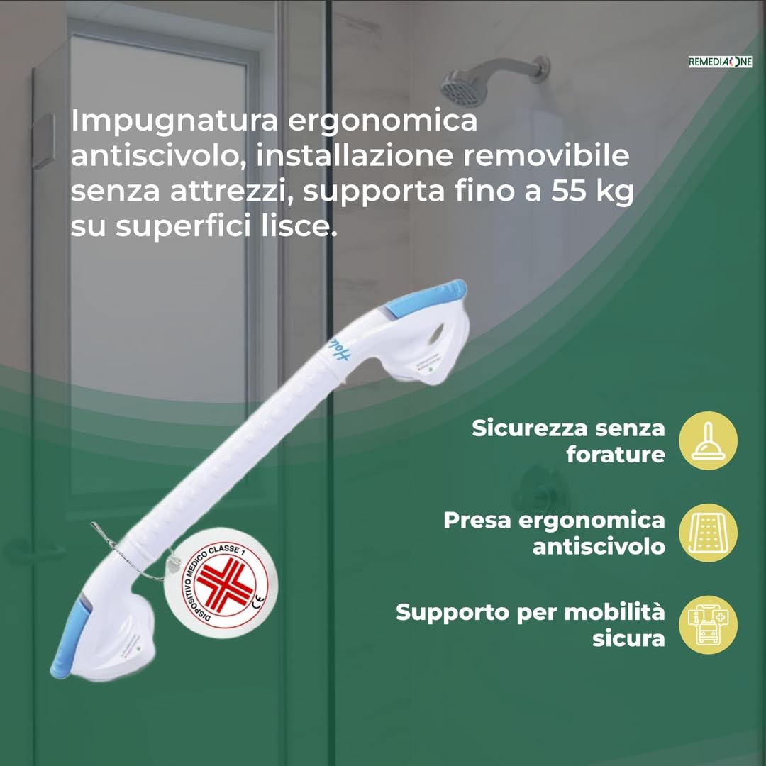 Maniglia Doccia Anziani a Ventosa in ABS, senza Fori, 50 cm | Maniglione Bagno Disabili, Presa Antiscivolo, Maniglia Ventosa per Doccia senza Fissaggi Permanenti, Bianca