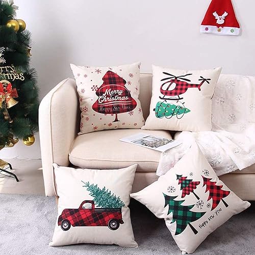 Miniatura 6 de Coeufuedy Juego de 4 fundas de almohada navideñas a cuadros de búfalo de 18 x 18 pulgadas, decoración de almohada de lino y algodón rojo beige para