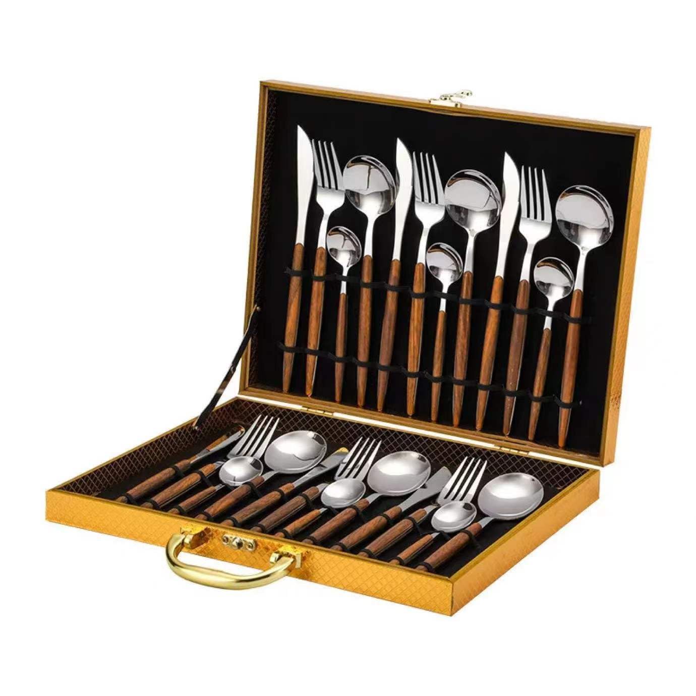OLSKFUH Cutlery Flatware Cutlery Set, 24-Piece Tableware Set With Wooden Handles, Portuguese Cutlery, Knife, Fork And Spoon Gift Box Set,Silver-24pcs