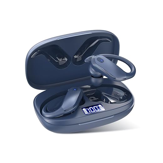 Bluetooth Earbuds with Earhooks 48H Playtime,IPX7 Waterproof Wireless Headphones with Bluetooth 5.3,ENC Noise Cancelling Mic,Lightweight Fit for Office,Travel Gym Daily Style (Dark Blue)