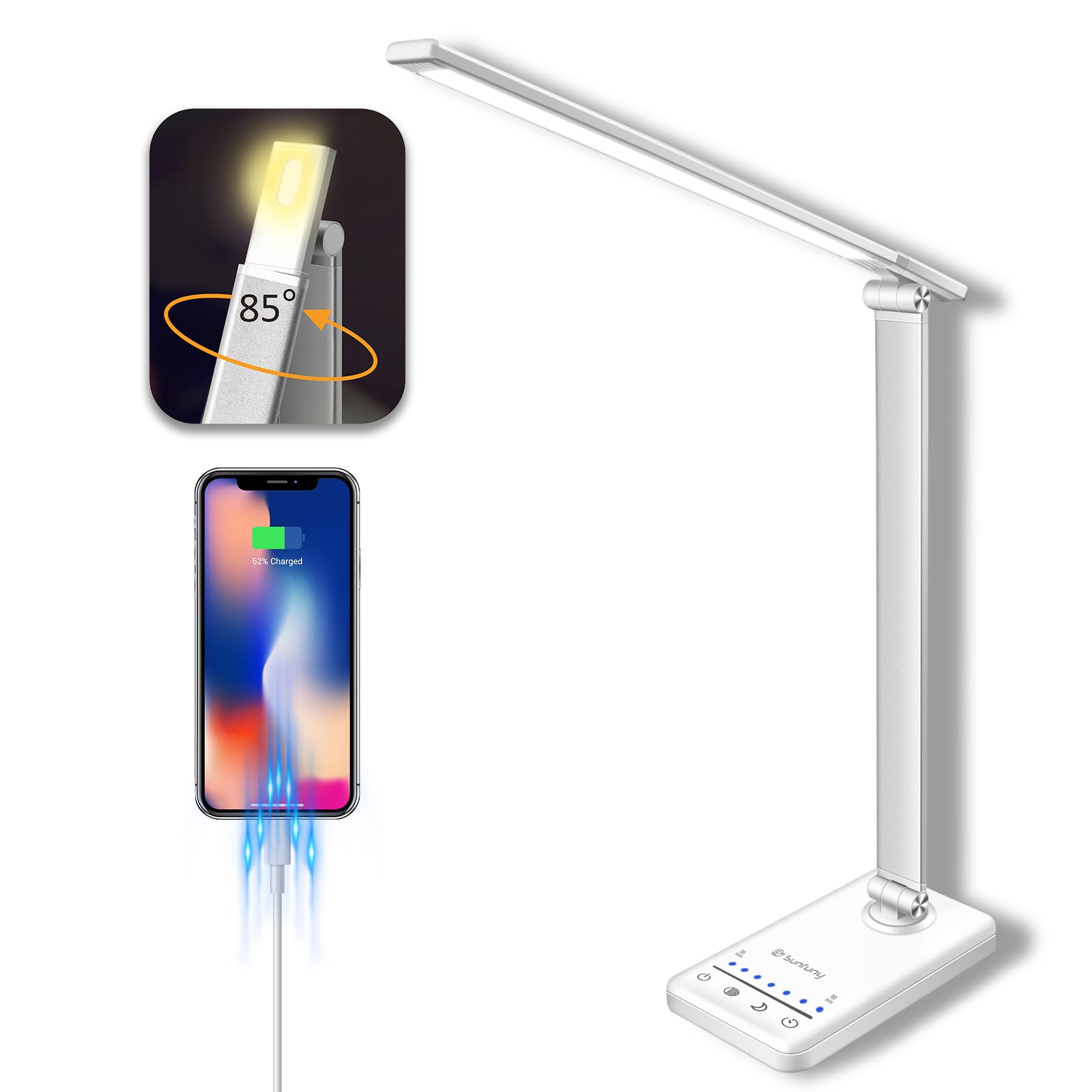 Lampada da tavolo a LED, senza fili, con porta di ricarica USB, 5 modalità di colore e 7 livelli di luminosità, luce notturna, timer per casa e ufficio (bianco)