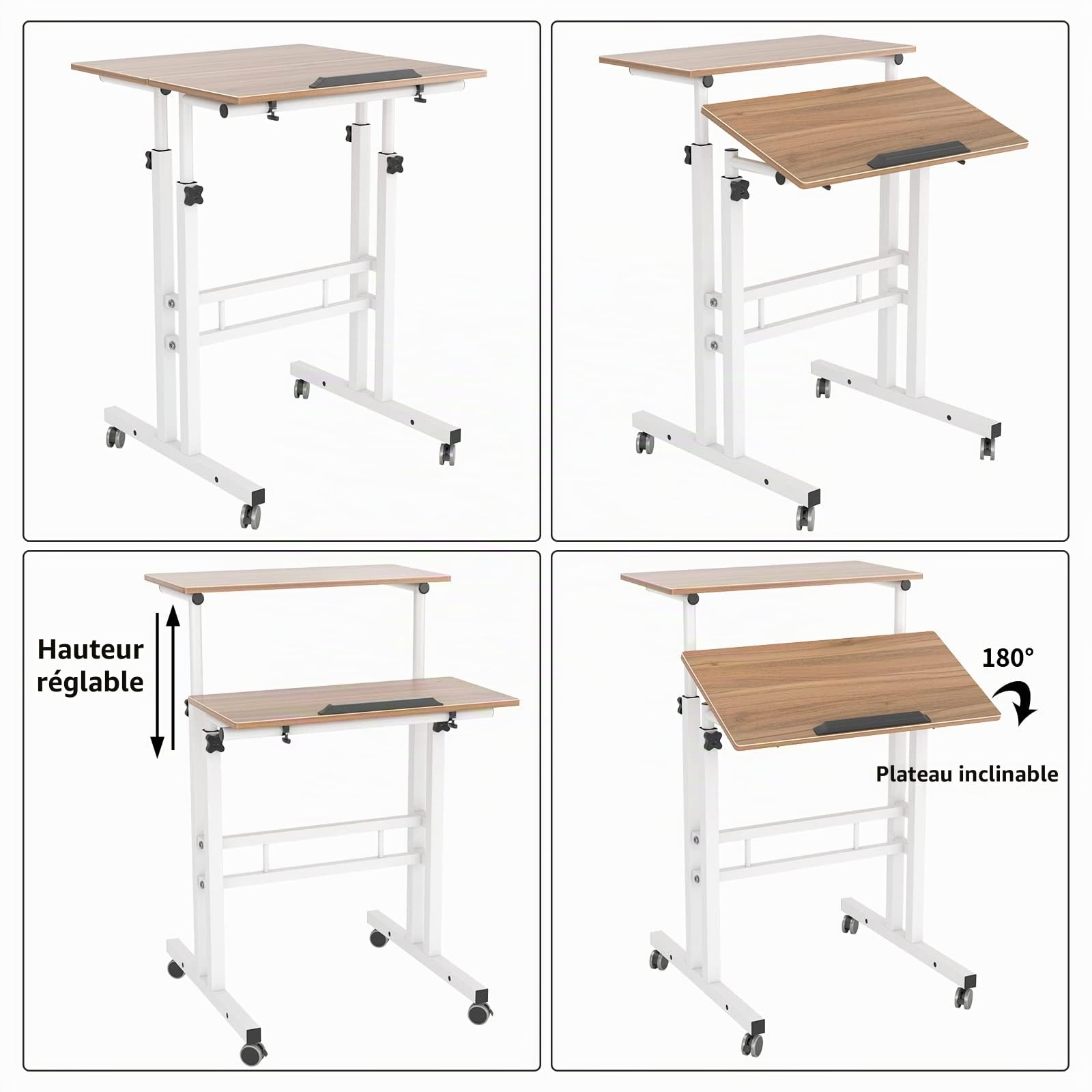 sogesfurniture Bureau Informatique Bureau Ordinateur Portable Roulette Table Roulante pour Lit Bureau Assis Debout Angle Table d'appoint à roulettes Table Dessin Inclinable Hauteur Réglable 60x60cm