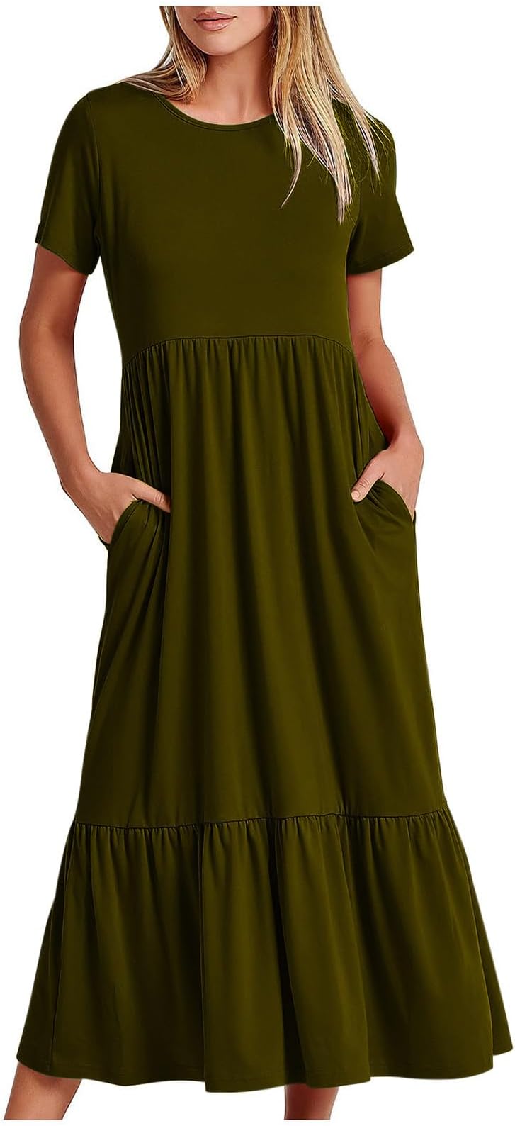 Summer Dresses for Women 2024 Trendy Short Sleeve Crewneck Dress Casual Flowy Tiered Maxi Beach Dress with Pockets