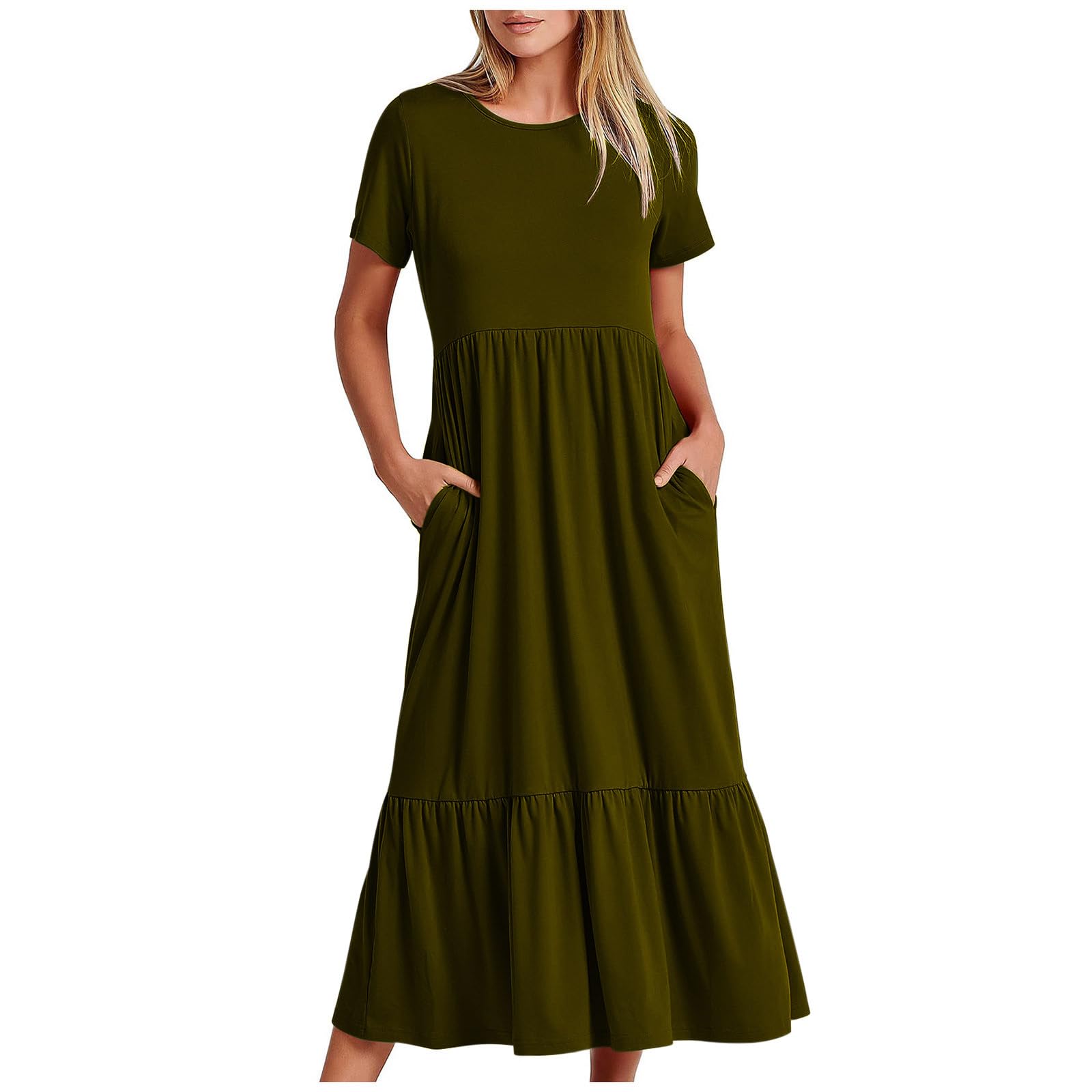 Summer Dresses for Women 2024 Trendy Short Sleeve Crewneck Dress Casual Flowy Tiered Maxi Beach Dress with Pockets