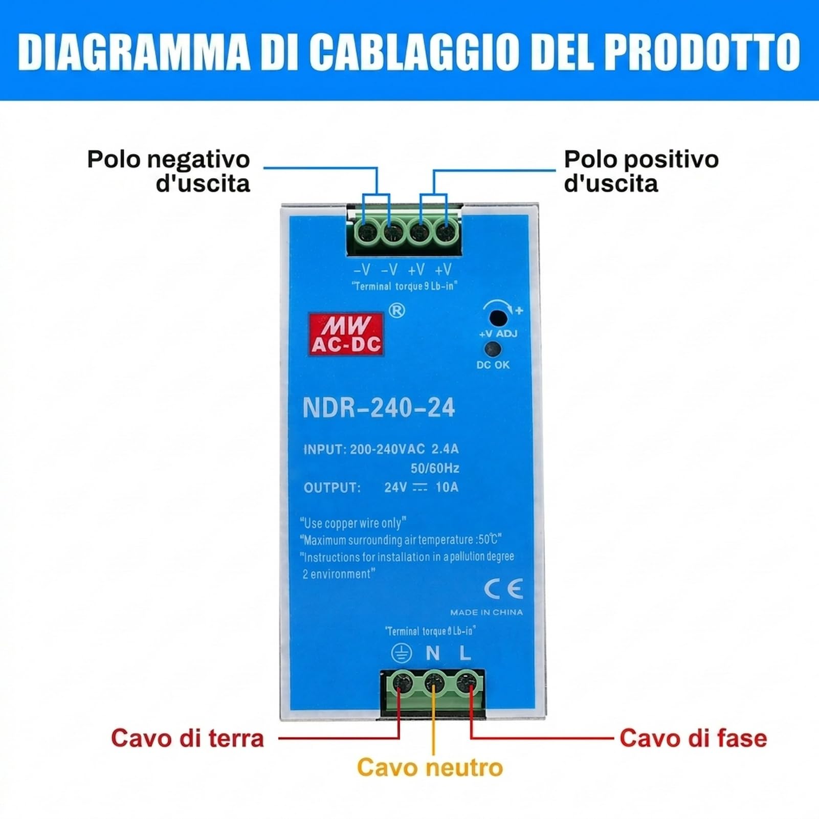Alimentatore 24V 10A da guida DIN 240W Alimentatore switching da guida DIN Ingresso AC 100-220V 2,4A Uscita DC 24V 10A Funzioni di protezione multiple Modello industriale NDR-240W-24V.