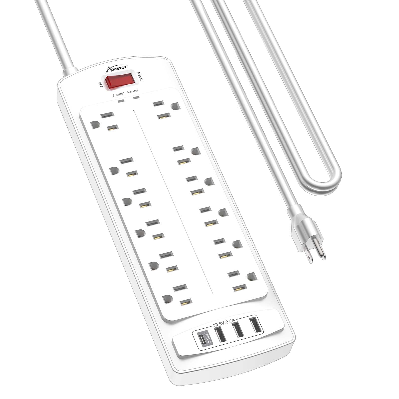 ALESTOR 10 Ft Surge Protector Power Strip with 12 Outlets and 4 USB Ports