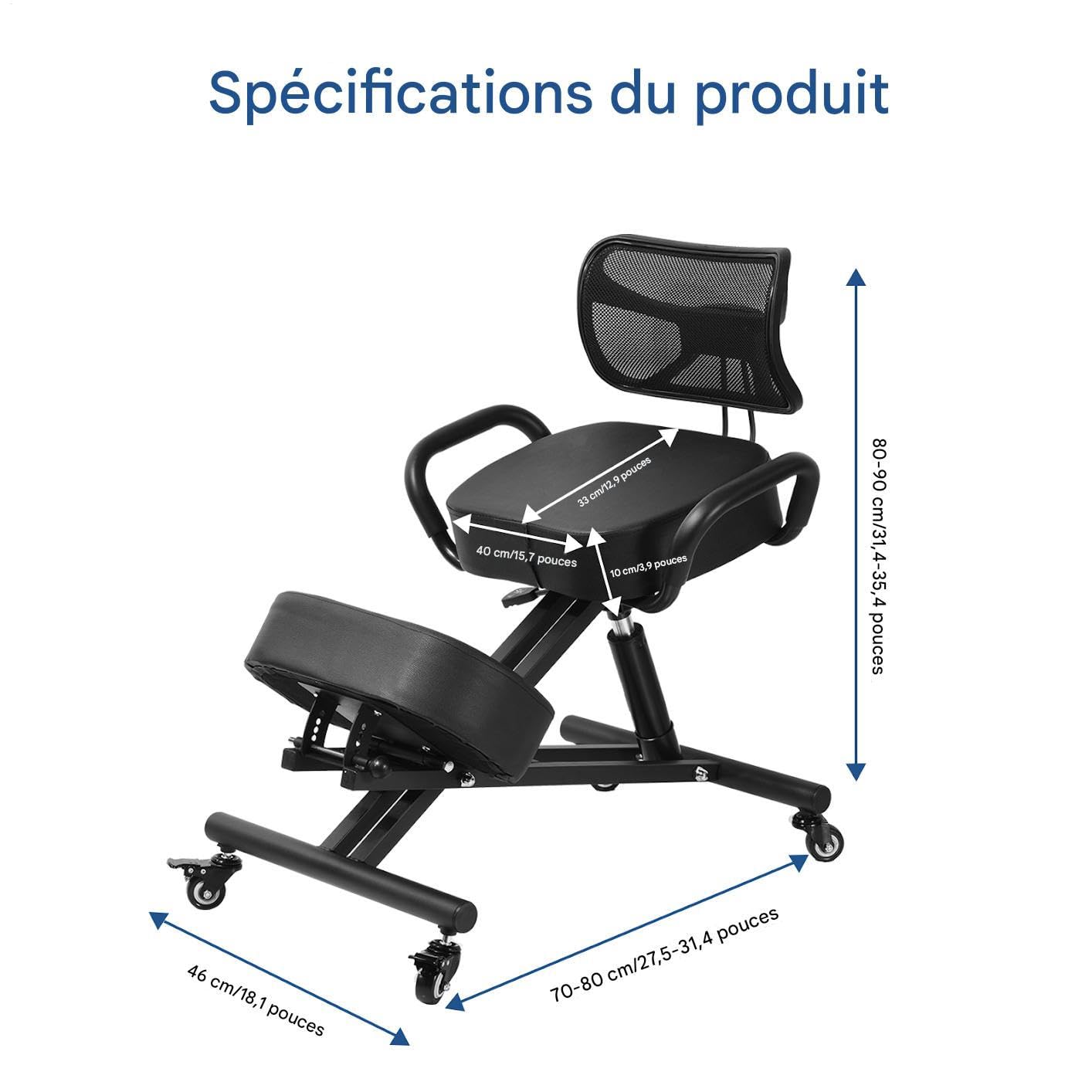 Chaise Ergonomique à Genoux avec Dossier - Hauteur réglable avec Coussins épais et roulettes verrouillables pour Le Bureau et la Maison. Tabouret correcteur de Post-ure pour soulager Les maux de Dos
