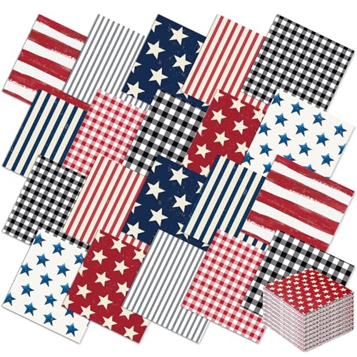 AnyDesign 60 Pcs Patriotic Fabric Squares Cotton Fabric Bundles Small Vintage Star Stripe Plaid Sewing Fabrics for 4th of July Independence Veterans Day Party DIY Crafts 10 x 10 Inch