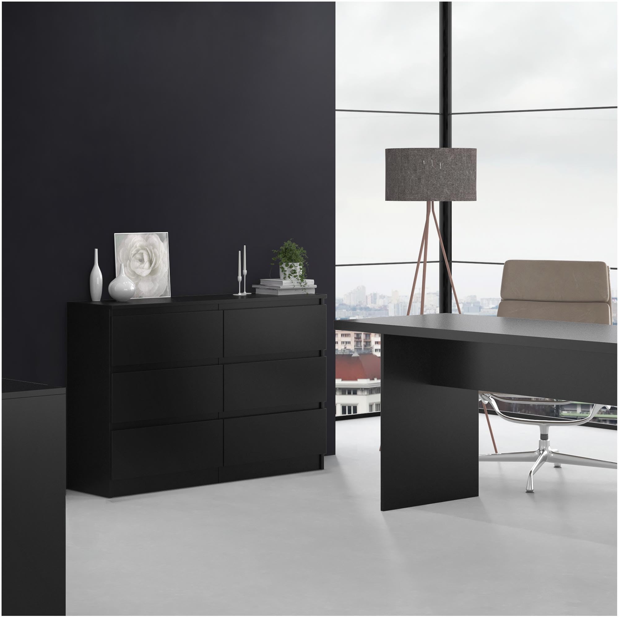 CDF Cómoda 6 Cajones Cajonera Dormitorios Comoda Moderna de Dormitorio Sinfonier Cómoda de Noche Armario de Almacenamiento, Mueble para Ropa - Placa laminada 16 mm Negro 30x120x75 cm