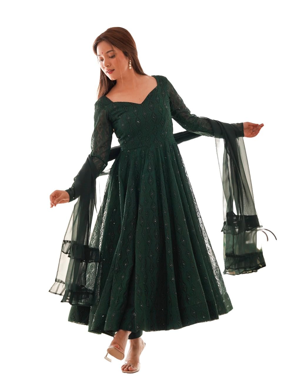 oyzo Women's Anarkali Gown Set with Dupatta Net Fabric with Sequin Embroidery Ethnic Indian Party (in, Alpha, M, BOTTLEGREEN)-picture-12