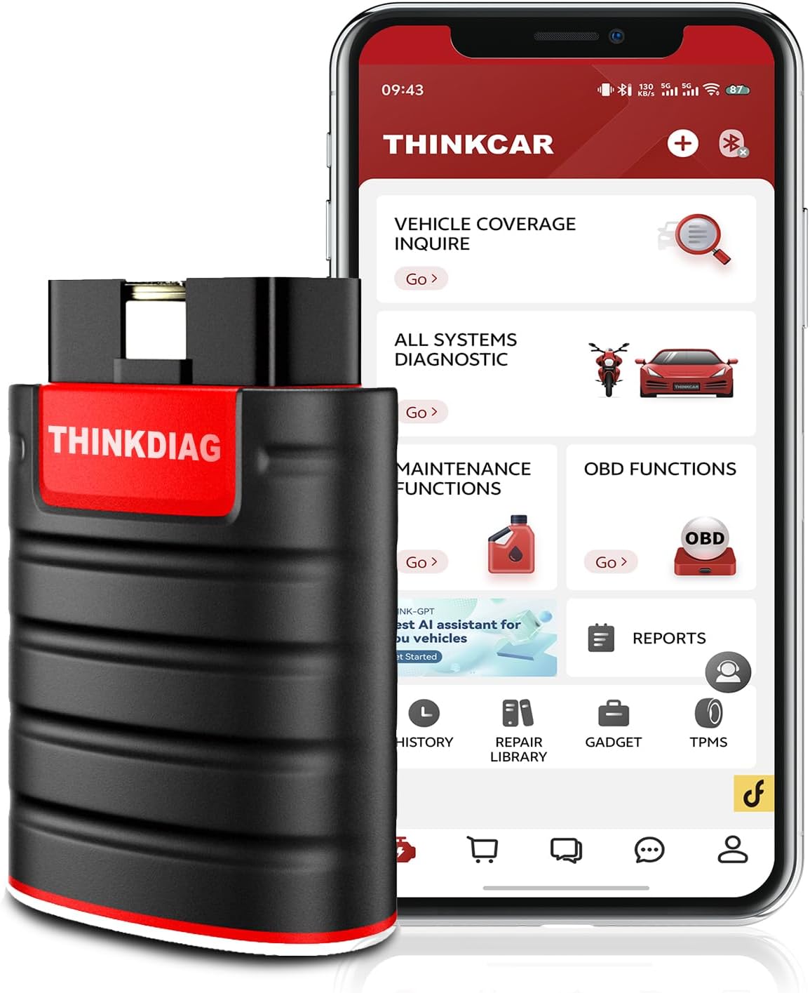 Thinkdiag OBD2 Bluetooth Scanner, All System OE Level Car Diagnostic Tools with Active Test, ECU Coding,15+ Service Functions All Software 1 Year Free fits for iPhone & Android Phone
