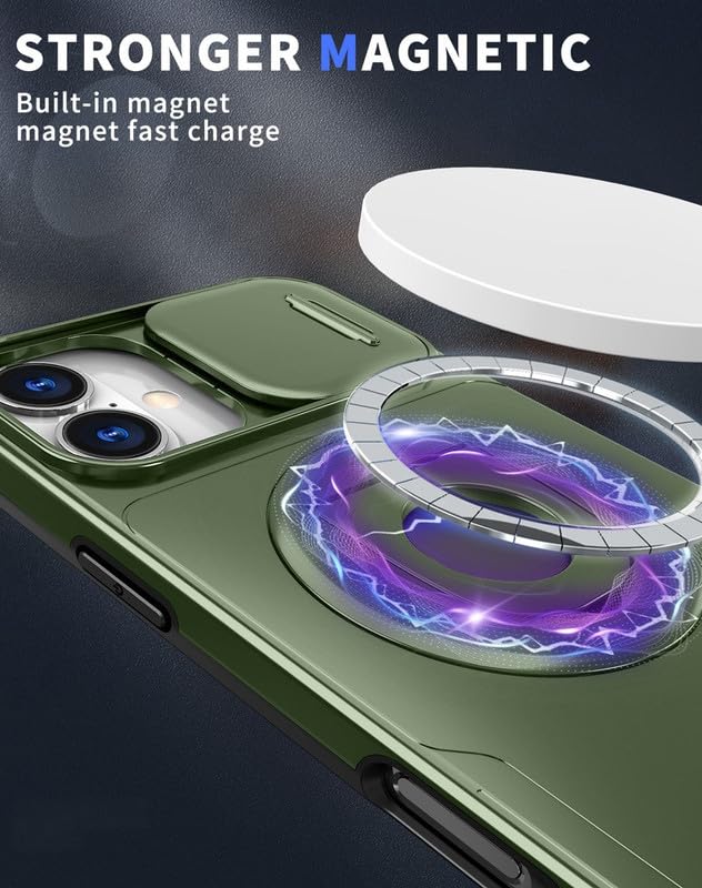 Image of LuxuryKase MagSafe Shockproof Rugged Back Case for iPhone 17 | Finger Ring Kickstand & Sliding Camera Cover | Military Drop Protection | Wireless Charging Support - Green