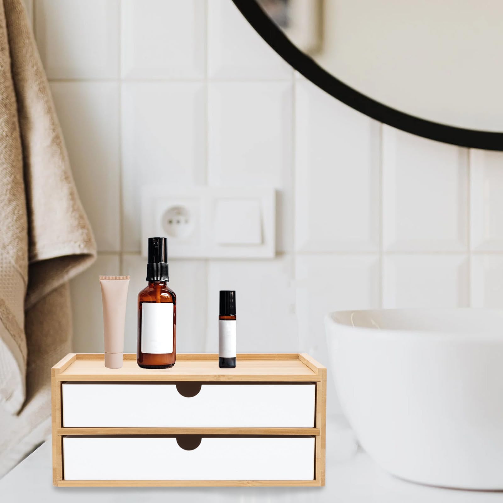 TEHAUX Caja de Almacenamiento de Maquillaje y Diseño Compacto de Bambú y ABS Material Ecológico para Organizar Cosméticos para Escritorio Separadores