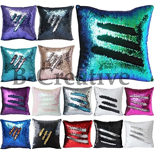 B-Creative Housse de coussin réversible à paillettes et paillettes - 40,6 cm - Motif sirène magique - Violet et noir