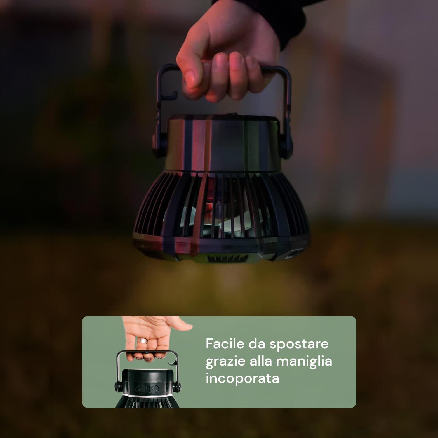 Wintem Ventilatore da Esterno con Comode Luci LED Integrate e Ricarica Solare o USB 4W - 5V con 4 Velocità per Adattarsi ad Ogni Esigenza - Lunga Durata Fino a 25 Ore di Autonomia - 23cm