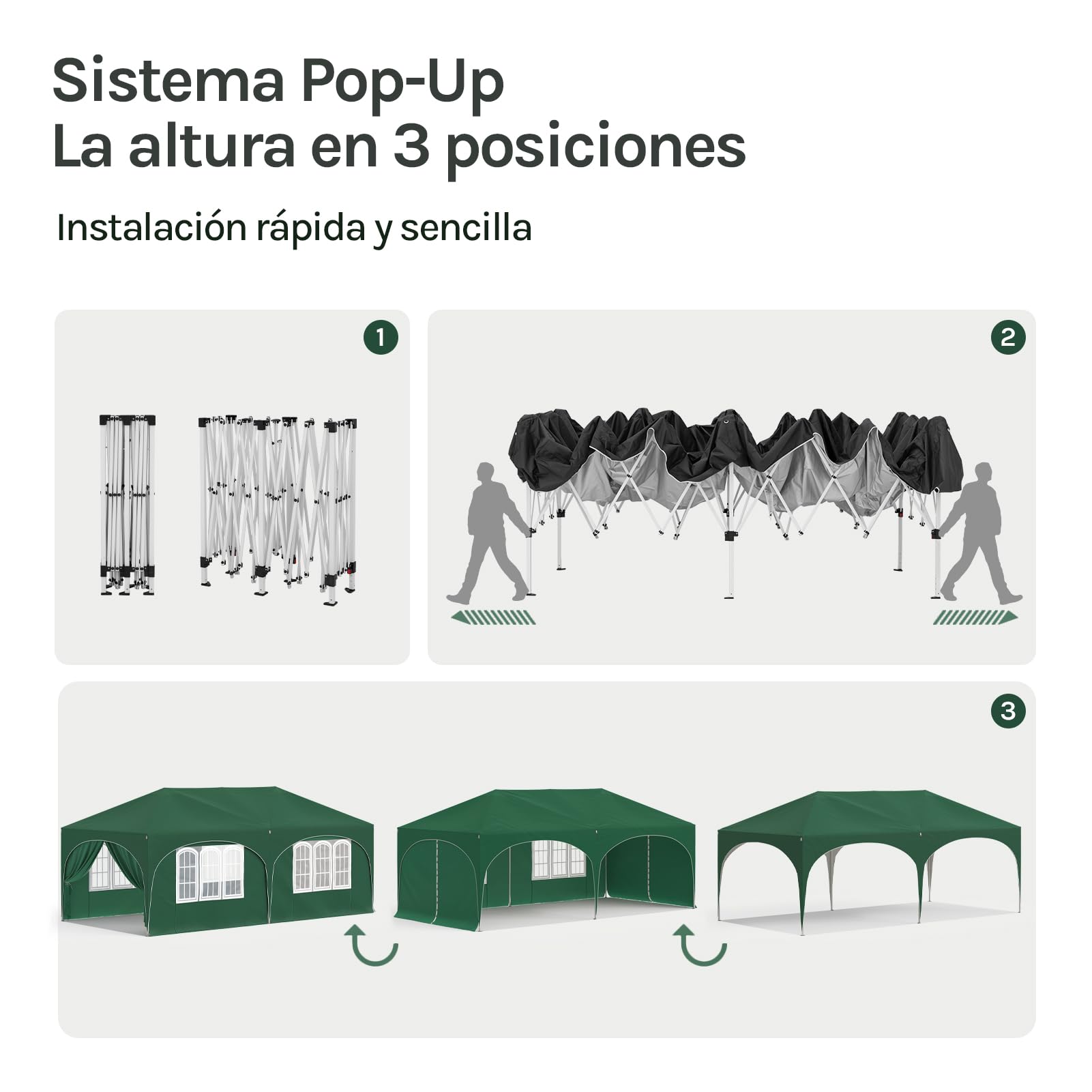 WOLTU Carpa Plegable 3x6 m, Gazebo de Jardín Impermeable, Sistema Pop Up, Pergola Jardín Marco Metalico, con Puertas y Vetanas, Pabellón Cenador para Camping Picnic Playa, Verde