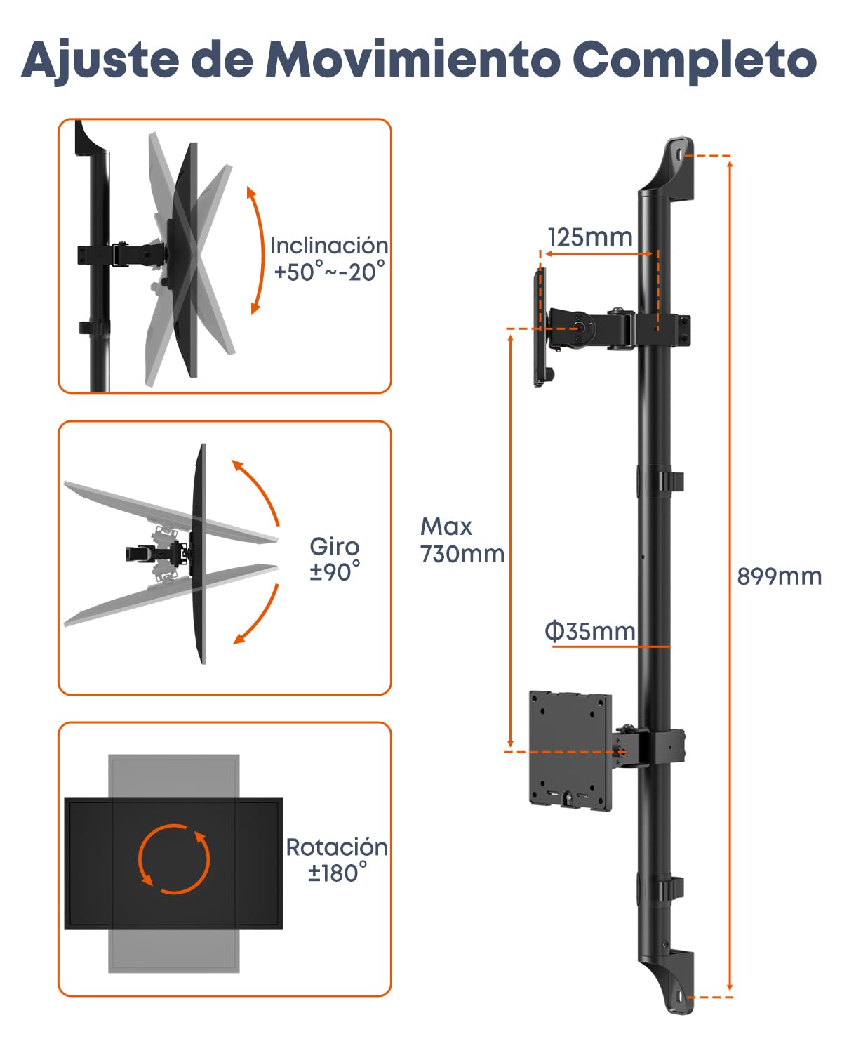 PUTORSEN Soporte de Pared para 2 monitores de 17 a 49 Pulgadas, Pantallas Planas y Curvas, 20 kg por Brazo, Soporte de Pared para monitores con Altura Regulable, VESA 75/100 mm, Negro
