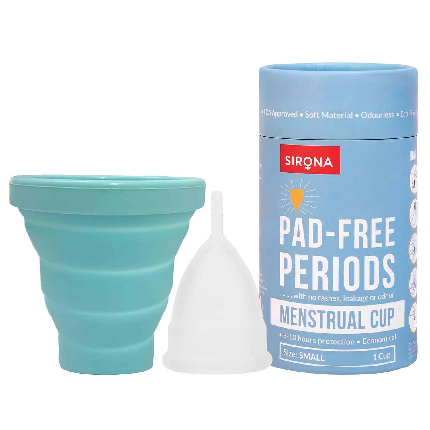 Sirona Reusable Menstrual Cup for Women (Small) with Collapsible Microwave-Safe Sterilizer - Pack of 2 | 100% Medical-Gr