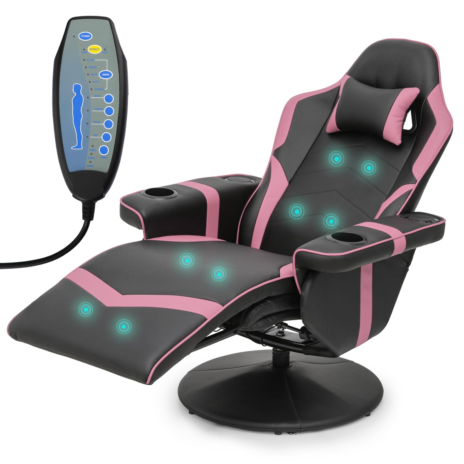 Athena Collection Massage Gaming Chair with Bluetooth Speaker Ergonomic Computer Desk Chair Swivel Office Chair Adjustable Recliner PU Leather Chair w/Footrest Cup Holder Side Pouch Headrest, Pink
