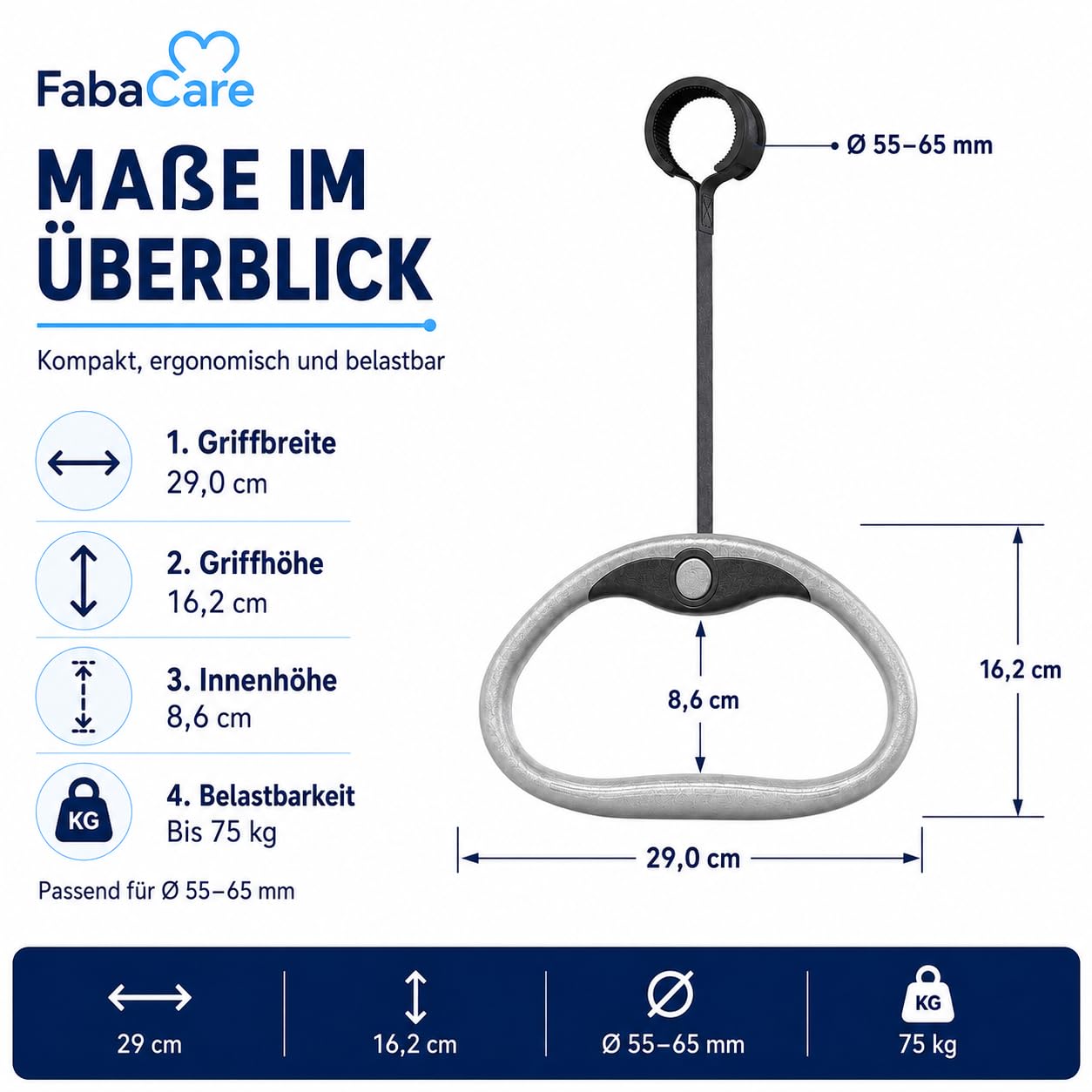 FabaCare Komfort Bettgalgen Handgriff mit Aufrollautomatik TG-EVO-01 – ergonomischer Trapezgriff bis 75 kg, Aufrichtgriff & Bettgriff für Pflegebett, Senioren, Reha & Zuhause, passend für Ø 55–65 mm
