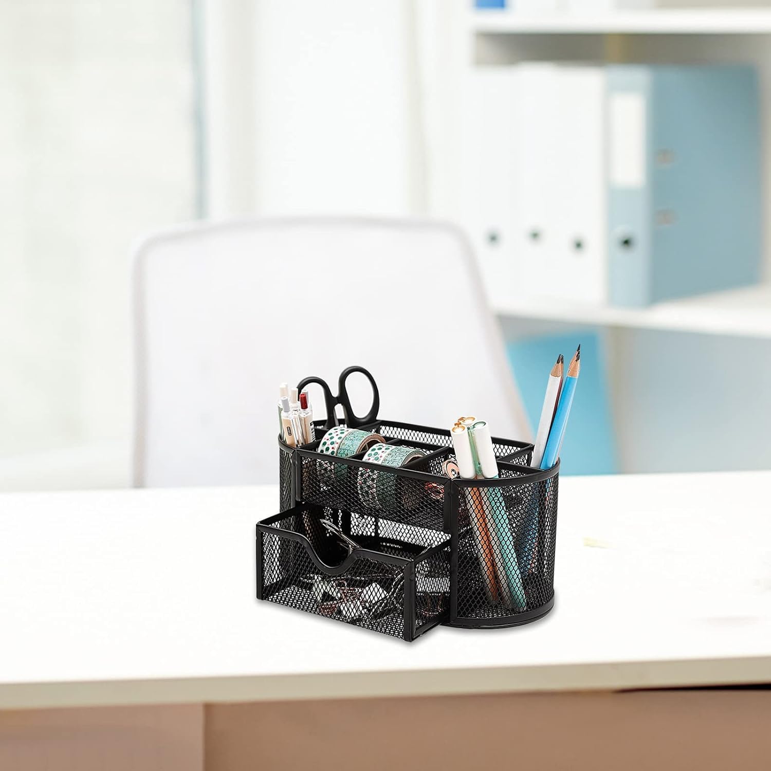 Metalowy organizer na biurko | Czarny organizer na biurko o wymiarach 4,4 x 4,2 x 8,6 cala