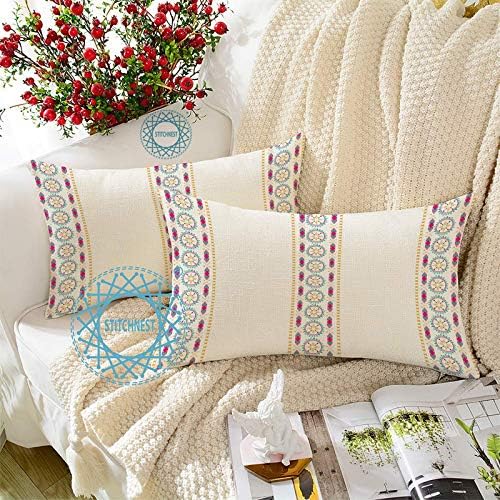 STITCHNEST Set of 2 Ethnic Aura Stripe Printed Polycotton Cushion Covers 12x18 Inches | Modern Nordic Decorative Throw Pillow Covers for Sofa, Living Room, Bedroom, Couch | Perfect for Home Decor
