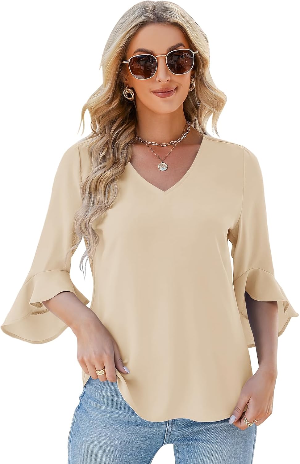 Womens 3/4 Sleeve Tops Chiffon Floral Blouses Dressy Casual V Neck Shirts Fashion Clothes - Image 2