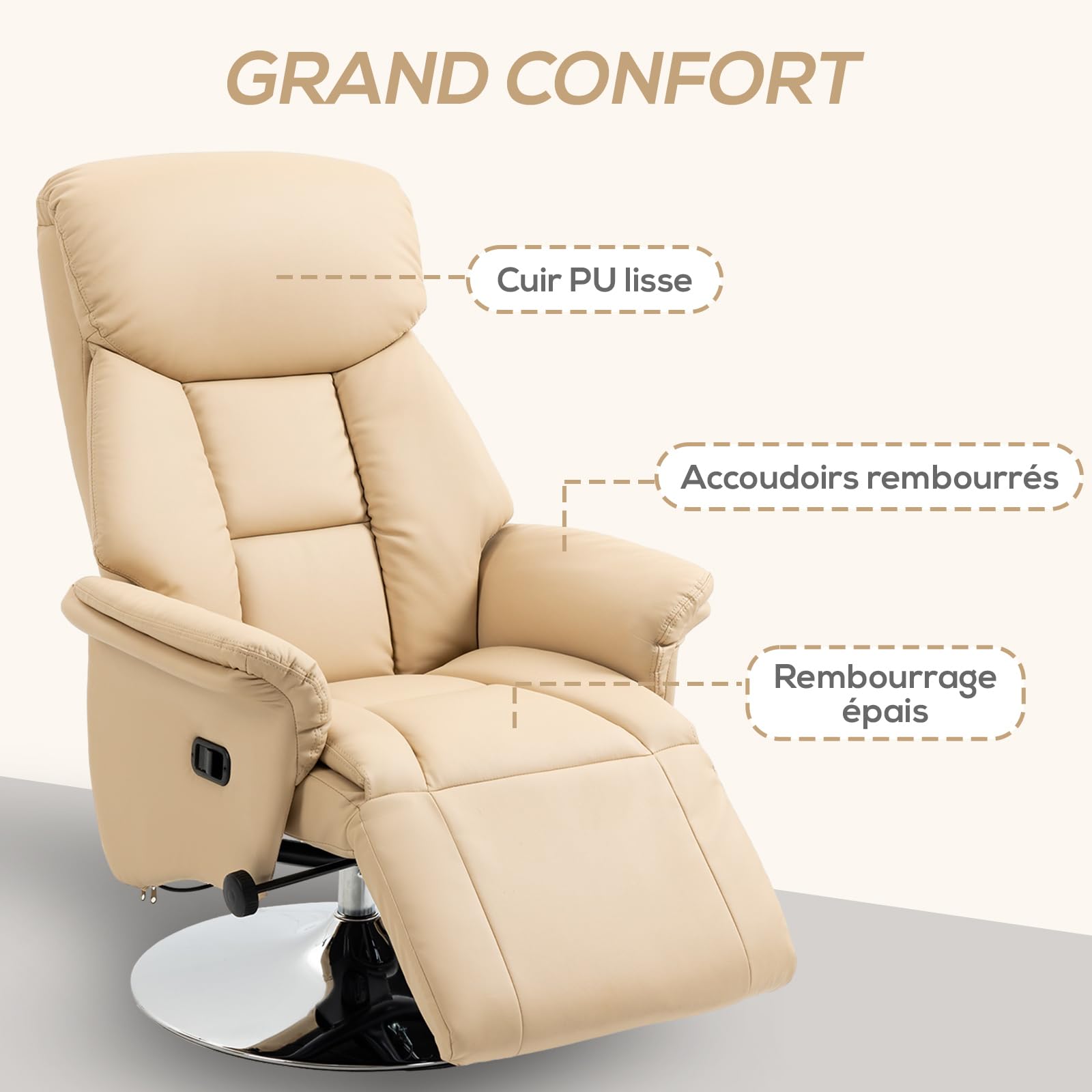HOMCOM Fauteuil de Relaxation Fauteuil Relax de Salon inclinable pivotant Repose-Pied réglable accoudoirs, Chaise TV en Cuir synthétique, jusqu'à 150 kg, pour Salon, Chambre, Home cinéma, Beige
