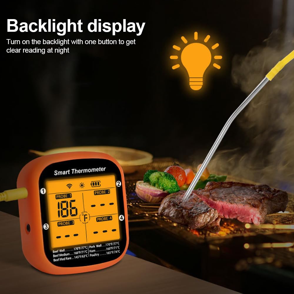 Luocute Termómetro Inteligente para Carne, Inalámbrico Digital con 2 o 4 Sondas, Control de Aplicación para Cocinar, Pantalla LCD Grande, Alarma de Temperatura, para Barbacoa, Parrilla, (4 sondas)