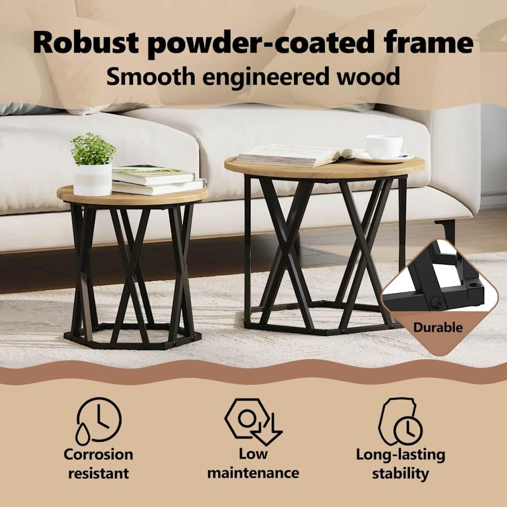 vidaXL Mesa Lateral 2 pcs Roble Artesanal Madera Ingenierizada y Acero, Mesa Redonda Moderna, Mesa de café compacta, Mueble Decorativo Elegante, Acabado Suave y diseño de Acero Resistente