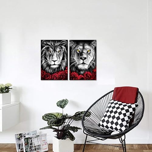 Miniatura 5 de iHAPPYWALL Juego de 2 piezas de lienzo de león y leona, arte de pared de león blanco y negro, flores rojas, arte de animales para dormitorio,