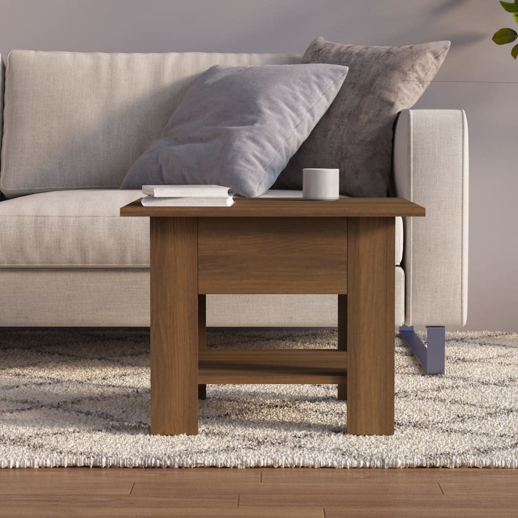 Mesa de centro en aspecto roble marrón, 55 x 55 x 42 cm, de material de madera, con estante, para salón y mobiliario moderno, fácil de limpiar