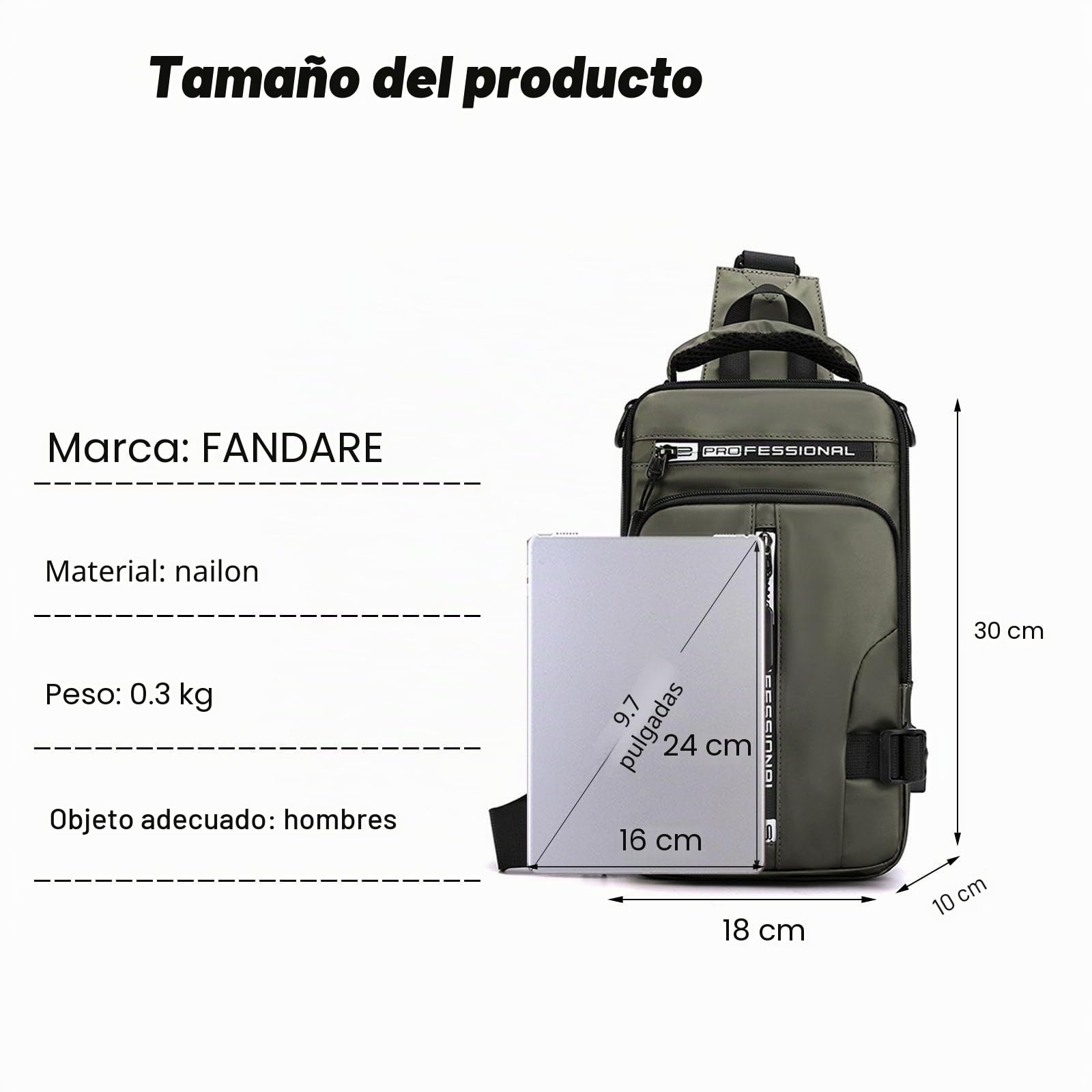 FANDARE Bolsa Cruzada Bolsa de Pecho Bolso de Hombro Hombre Bolso Hombro Bolsa de Pecho on Puerto de Carga USB Mochila de Viaje Bandoleras Bolso de Bandolera Escolar Sling Bag Caqui