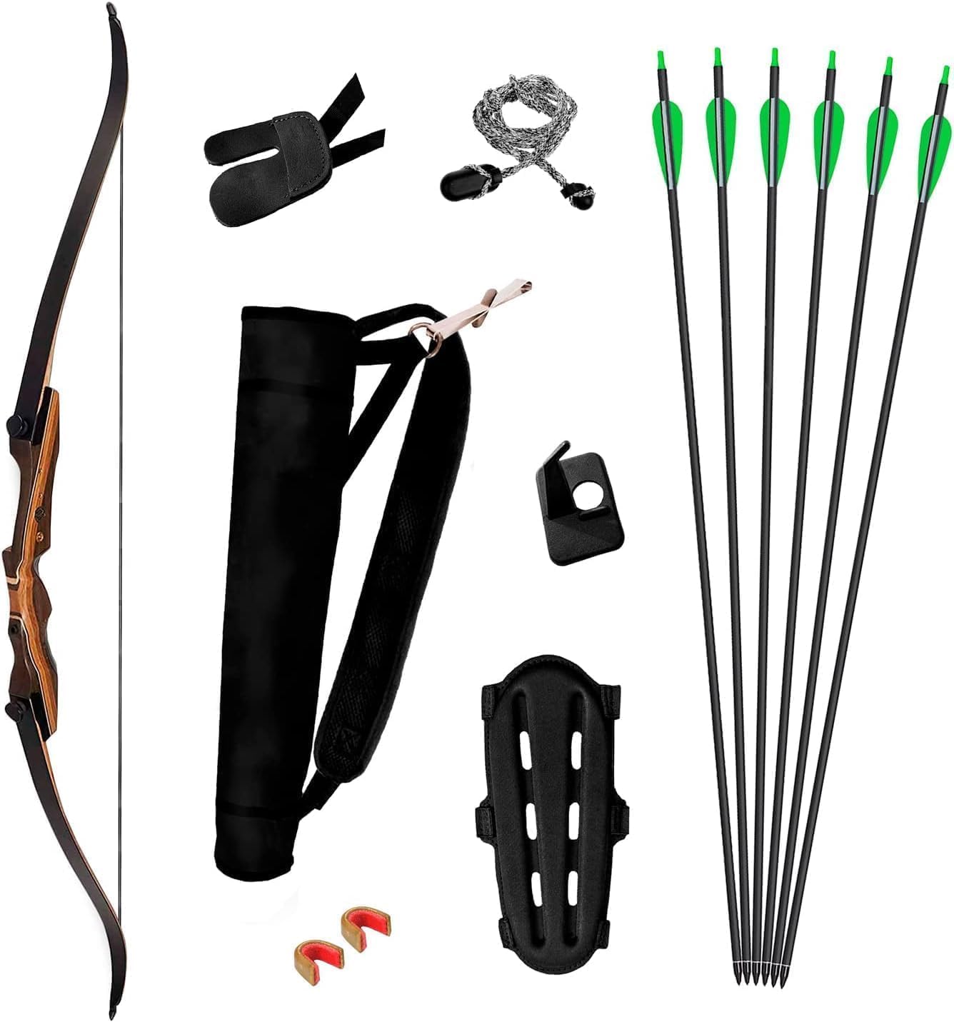 Takedown Recurve Bow and Arrow Set - 62 Inch Complete Ready-to-Use Longbow Archery Set - Includes 6 Arrows, Quiver, Bowstring & Stringer Tool, Arm & Finger Guard for Adults & Older Teens