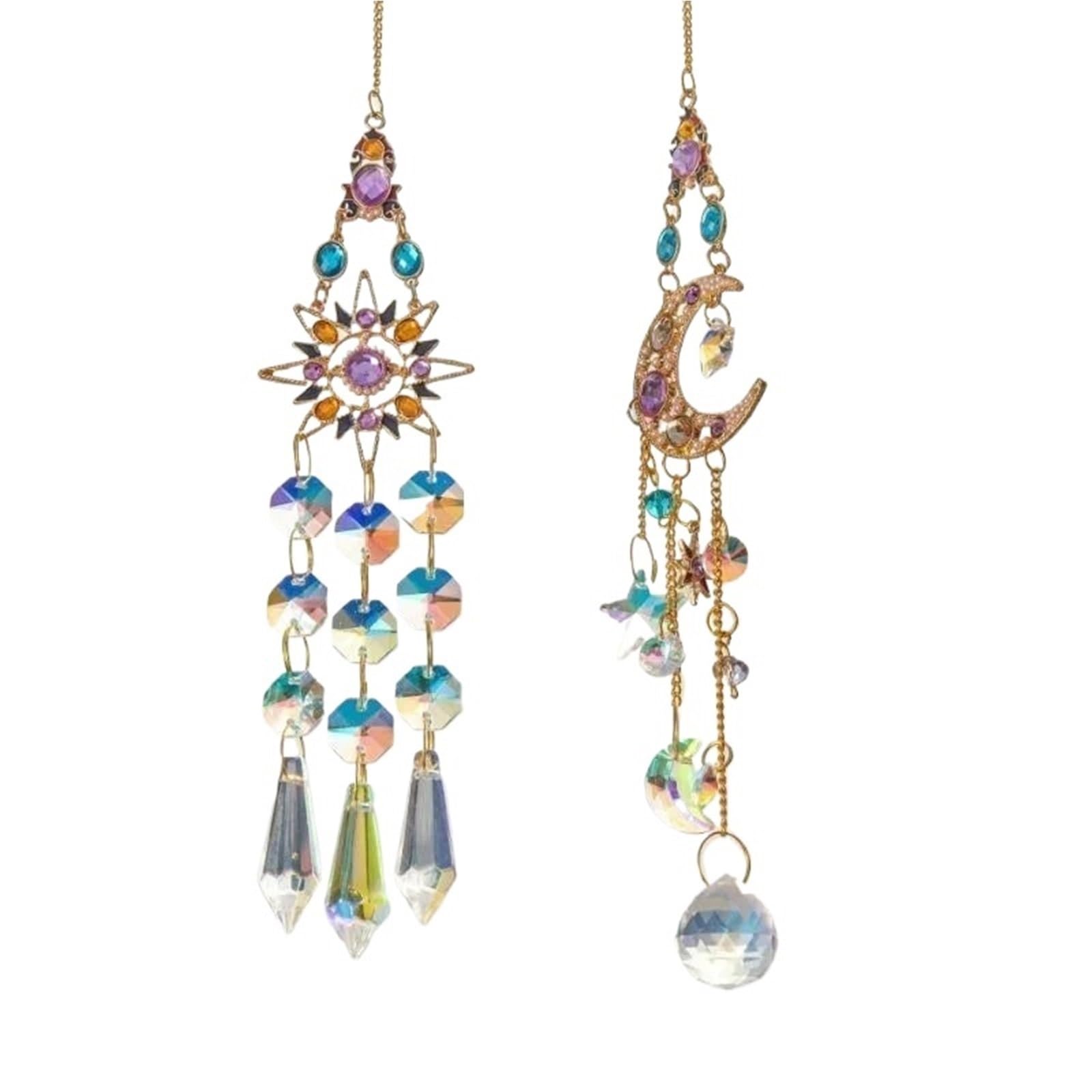 Ppqiru Mix Colors 2Pcs Crystal Pendant Window Prisms Rainbow Wind Chimes Sun Moon Hanging Light Catcher Garden Craft For Decoration