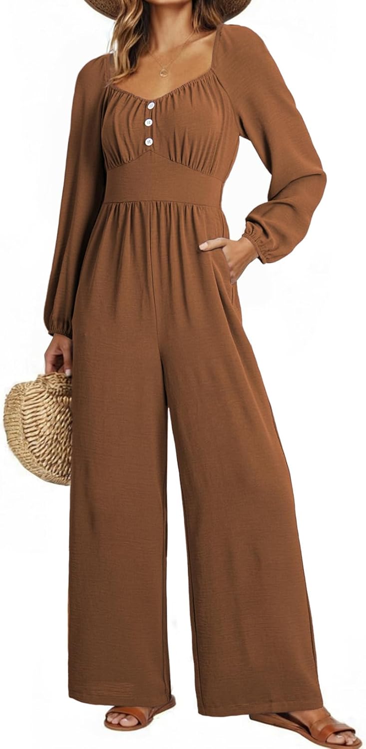Dokotoo Jumpsuits for Women 2026 Spring Long Sleeves Square Neck Button Decoration Rompers Overalls with Pockets - Image 2