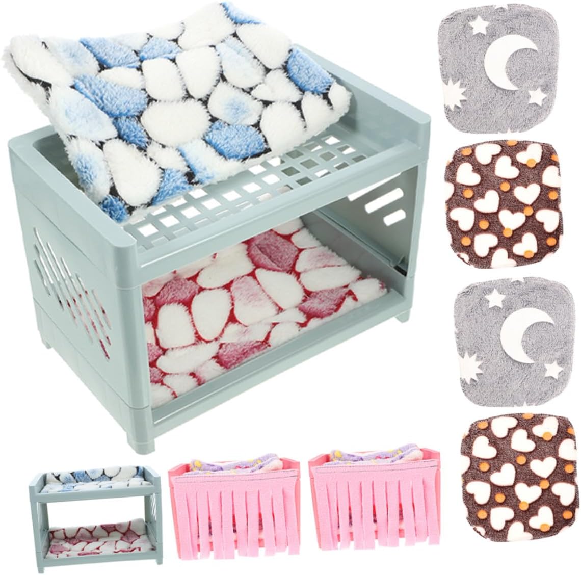ibasenice Small Animal Bunk Bed with Mats and Blankets, Guinea Pig Hideout and Hamster Sleeping Nest, Double-Layer Pet Shelter for Rats, Two Sets with Random Accessory Random Color